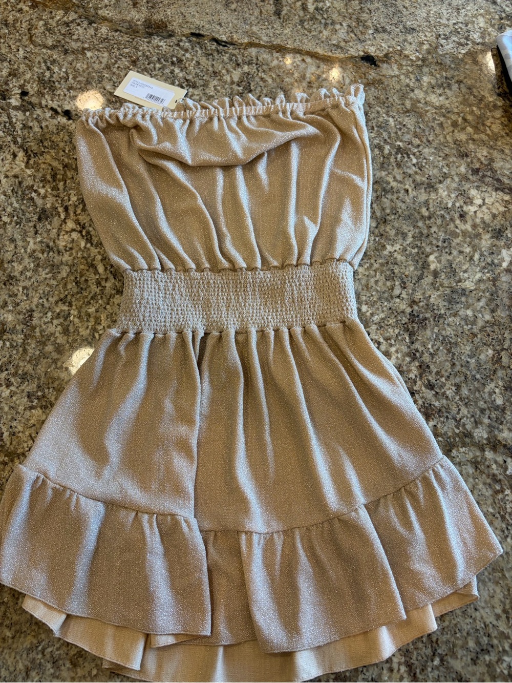 Ramy Brook Shimmery Beige Strapless Ruffle Mini Dress